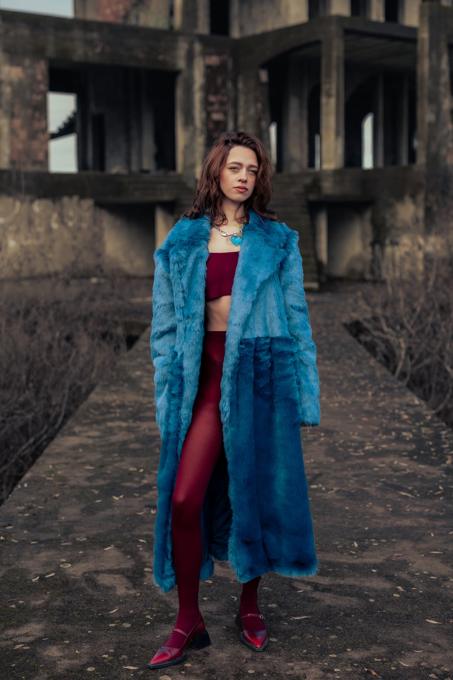 Long Blue Faux Fur Coat