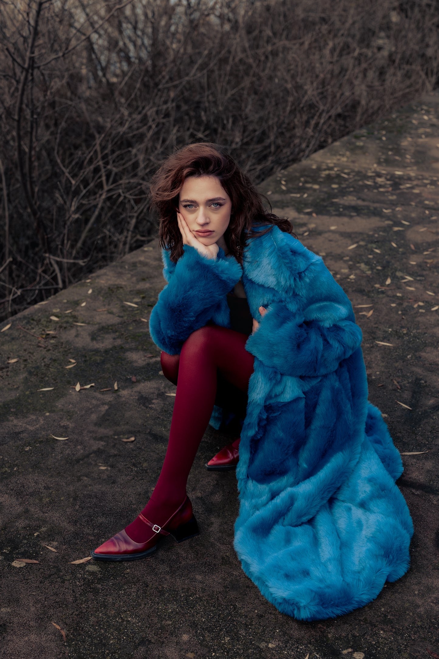 Long Blue Faux Fur Coat