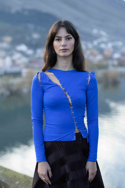 Blue Long Sleeve Cut-Out Top