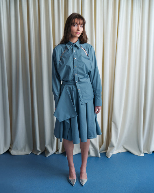 Steel Blue Draped Panel Skirt