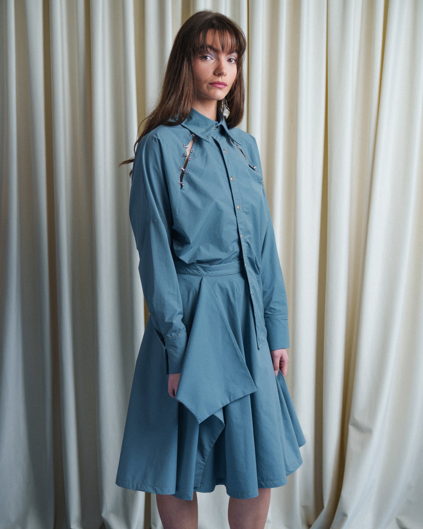 Steel Blue Draped Panel Skirt